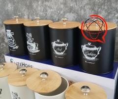 NOWE METALOWE POJEMNIKI #4 #CZARNE LUB BIAŁE + BAMBUSOWA POKRYWKA #KAWA #HERBATA #CUKIER #SÓL