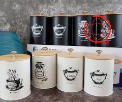 NOWE METALOWE POJEMNIKI #4 #CZARNE LUB BIAŁE + BAMBUSOWA POKRYWKA #KAWA #HERBATA #CUKIER #SÓL