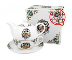 Tea for One porcelanowy / Filiżanka z dzbankiem i spodkiem SOWA ETNO